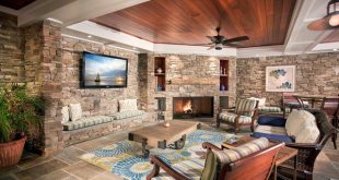 Family room with stone